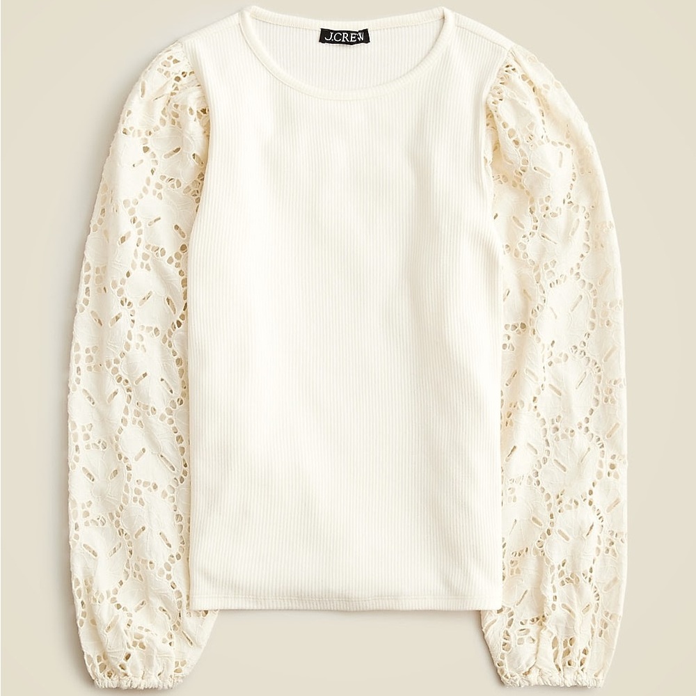 J. Crew Cream Lace Puff-Sleeve Ribbed Top
